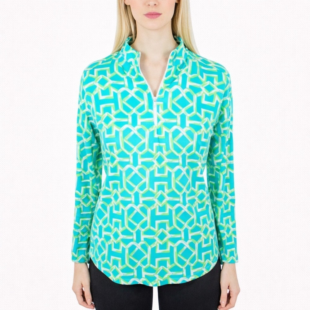 Icikuls UPF 50+ mock neck 1/4 zip top blue green mosaic long sleeve Size M